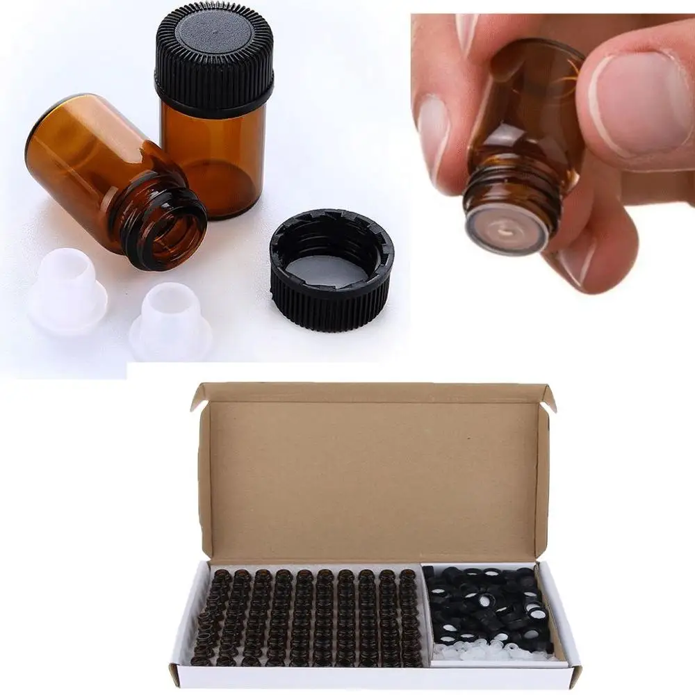 100Pcs 1ml 2ml 3ml Amber Glass Vials, Mini Essential Oil Bottles with Orifice Reducer & Black Plastic Cap контейнер