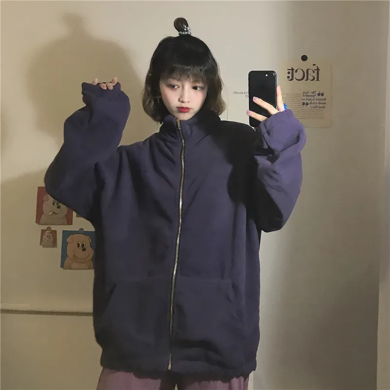 Толстовки женские плюс бархатные однотонные на молнии водолазка BF Harajuku уличная женская верхняя одежда шикарная модная универсальная унисекс Повседневная