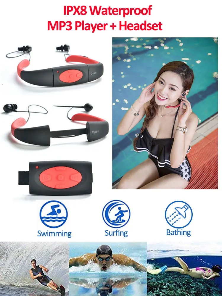 IPX8 водонепроницаемый MP3 плеер 8 Гб карта памяти плавание Bluetooth наушники подводный 10FT Спорт шейным гарнитура с FM радио