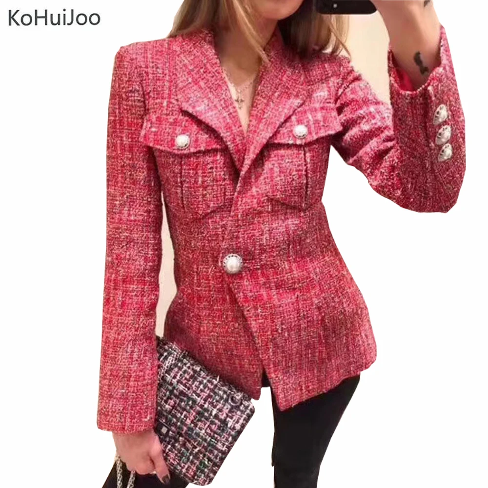Kohuijoo Дамский твидовый Блейзер, куртки, Элегантные дизайнерские Подиумные Вязанные шерстяные твидовые пальто, женская модная верхняя одежда