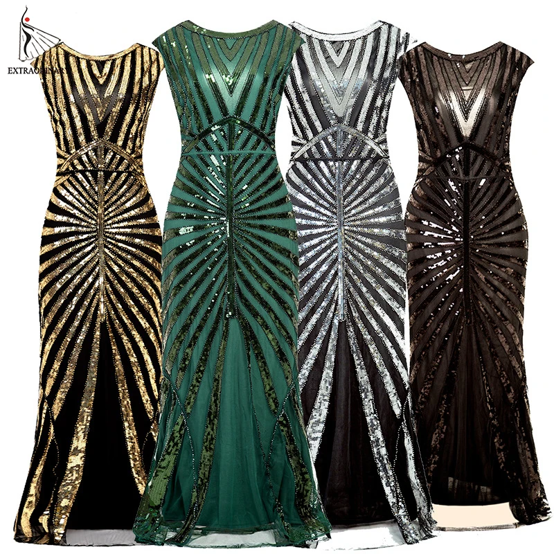 Женские длинные платья в винтажном стиле Great Gatsby Sequin 1920s вечерние платья в стиле АР-деко без рукавов средней длины с круглым вырезом