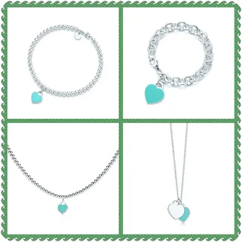 

SHINETUNG TIFF Original 100%S925 Sterling Silver Green Heart-Shape Pendant Trendy Bracelet Women Logo Fine High-End Jewelry Suit