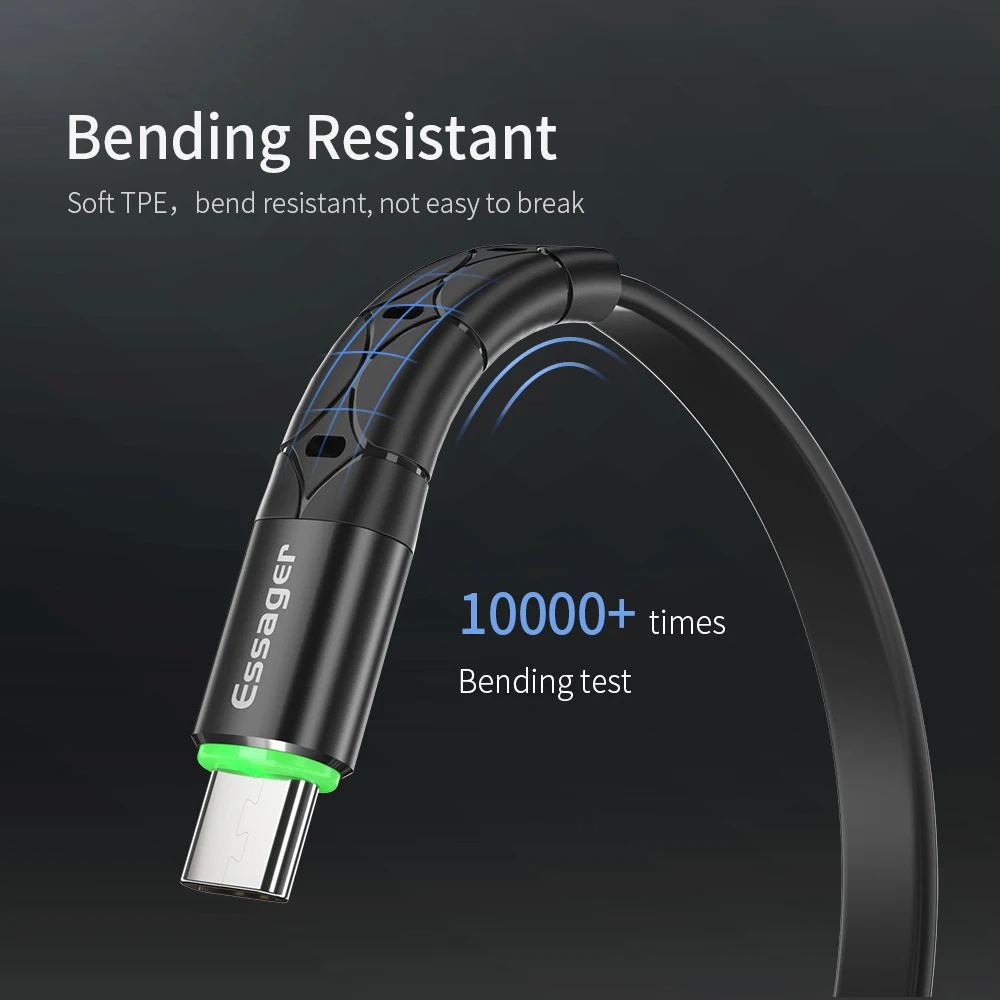 Essager светодиодный usb type-C кабель для samsung Galaxy Note 10 Plus Xiaomi Redmi Note 8 мобильный телефон Быстрая зарядка USB-C кабель type-C