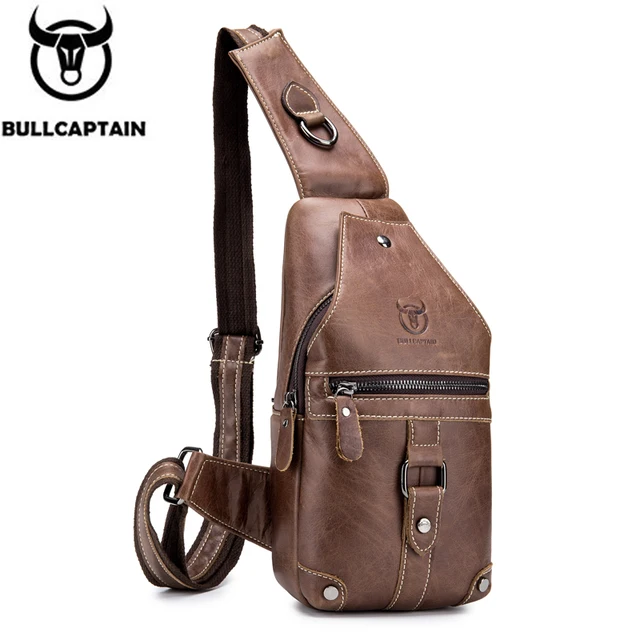 BULLCAPTAIN retro chest bag for men men's scratch-resistant cowhide chest bag men's casual diagonal chest bag large capacity bag xb130 brown
