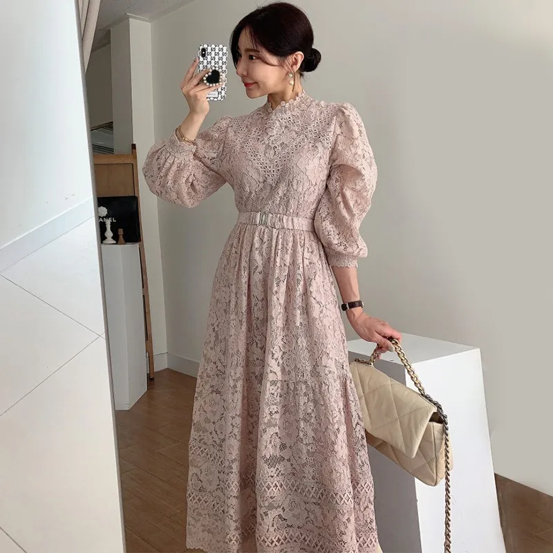 

COIGARSAM 2022 Korea Spring Women Lace Dress High Waist Stand Neck Dresses Pink Blue 2330