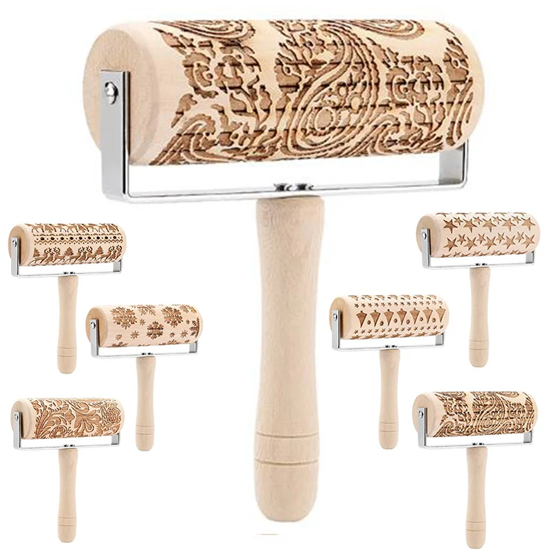 Christmas Rolling Pin Reindeer Snowflakes Embossed DIY Cookie Pastry Cake Roller