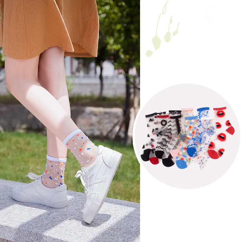 

1Pair New Hot Sale Transparent Thin Women Silk Crystal Ankle Socks Cute Streetwear Spring&Summer Colorful Dot Wave Lace Socks
