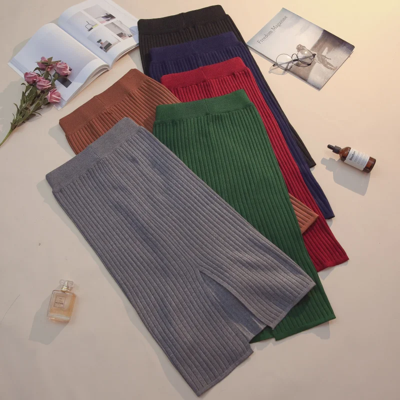 Women Skirts Knitted Pencil Skirts Split Plus Size Large Elasticity Stretched Midi Skirts Winter Women Clothes Saia