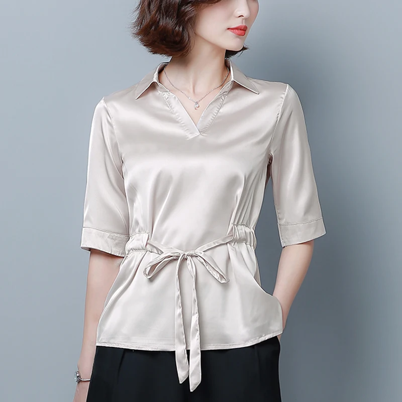 

Silk shirt female short-sleeved V-neck 2019 summer new silk large size loose fashion wild top silk blouse belt office lady shirt