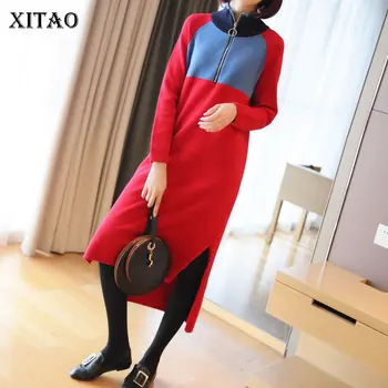 

XITAO Split Knitted Sweater Knitted Pleated Irregular Patchwork Elegant Small Fresh 2019 Winter Long Casual Sweater DMY1871