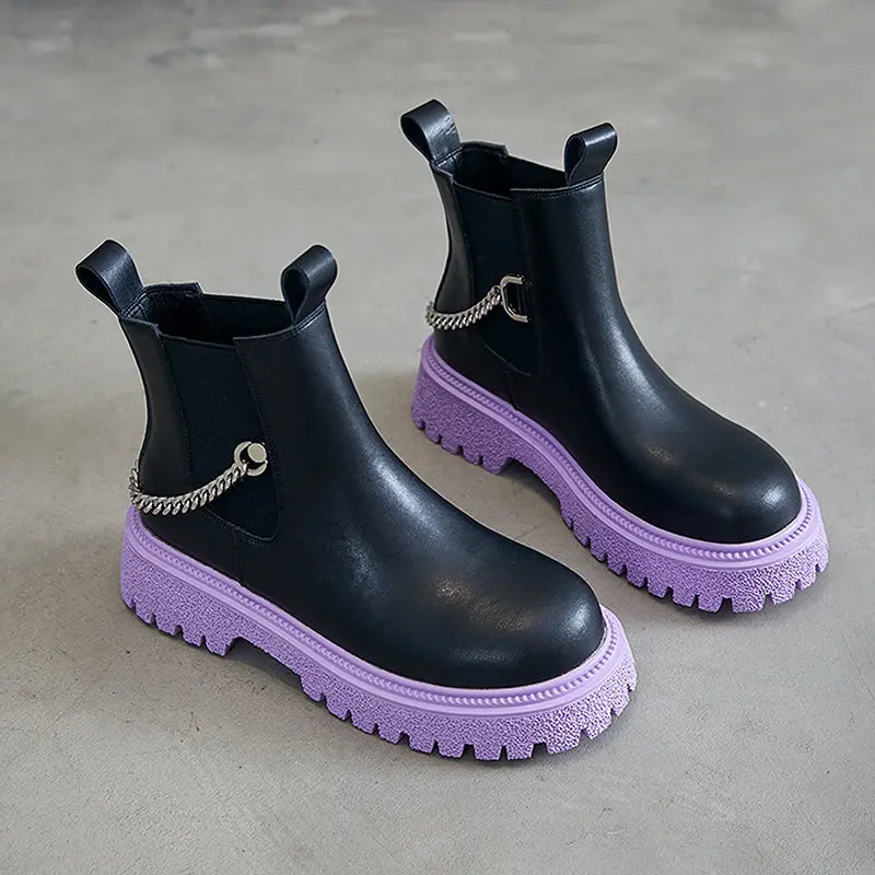 Shoes Women Platform Boots Leather | Chelsea Boots Purple Sole - Aliexpress