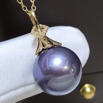 

D417 Fine Jewelry Solid 18K Gold Diamonds Natural 11-12mm Round Fresh Water Edison Purple Pearls Pendants Necklaces