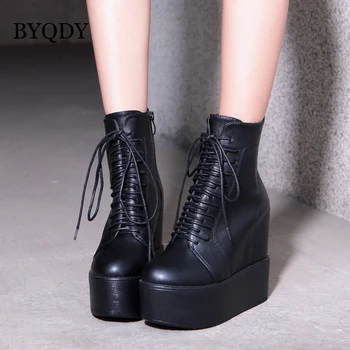 

BYQDY Lace up Platform Boots Women Black Goth Boots Ankle Boots Buckle Strap High Heel Motorcycle Boots Chunky Heel Leather