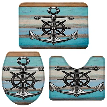 

3 Pieces Bathroom Set Retro Wood With Anchor Nautical Style Bath Set Toilet Cover Mat Pedestal Rug Non-Slip Bathroom Rug Set