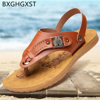 

beach sandals men flip flops casual shoes Genuine Leather sandals men slides fashion open shoes man sandals 2020 summer кроксы