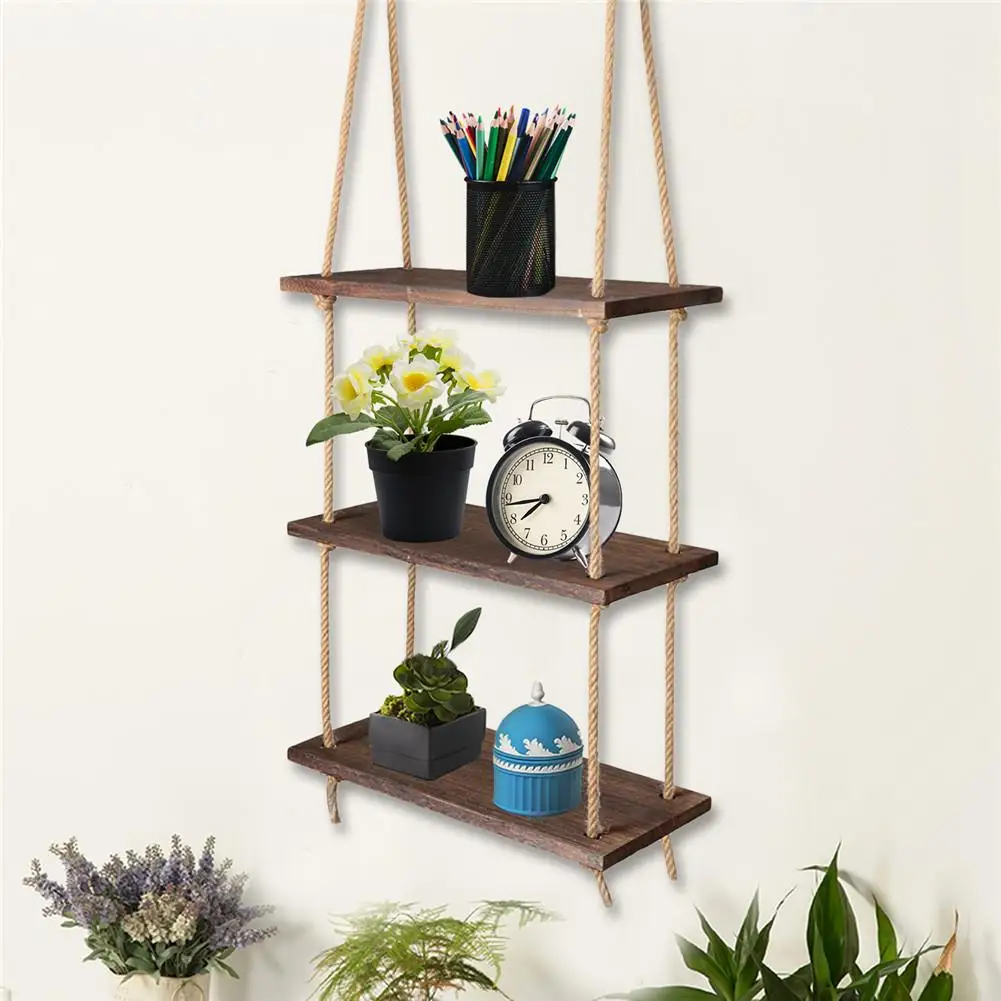 Details about   Distressed Brown Wood Jute Rope Floating Shelves Rack Rustic Home Decor NEW 
