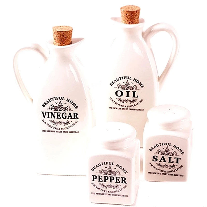 

4Pcs Ceramic Spice Jar with Wooden Cork Kitchen Condiment Bottle Pepper Vinegar Salt Oil Bottle Seasoning Pot Cooking Spice Tool