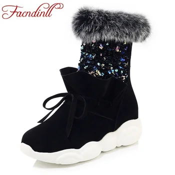 

FACNDINLL 2020 winter women warm snow boots new fashion wedges heels zip black silver real fur shoes woman casual ankle boots 43