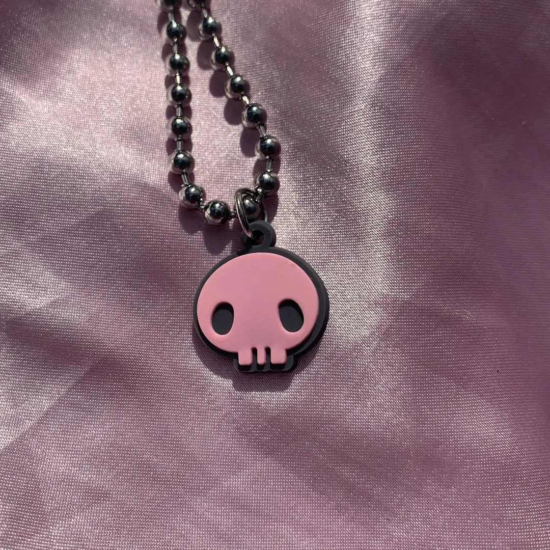 Indie Vintage Pink Skull Metal Pendant Necklace for Women Men Punk