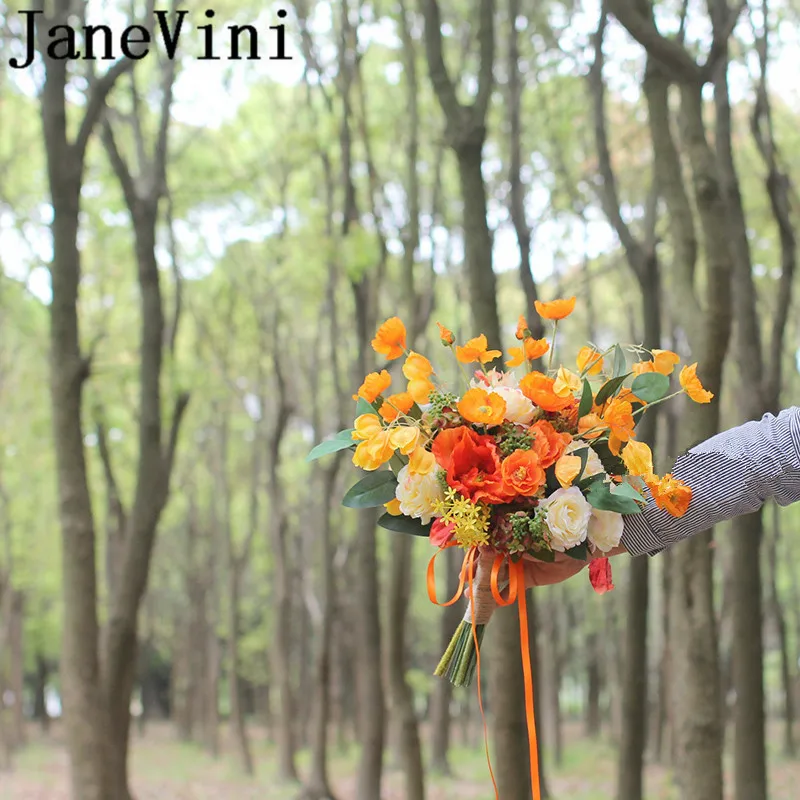JaneVini Ramo Artificial Orange Yellow Bride Bouquet Autumn Silk Leaves Wedding Flowers Bridal Bouquets Rose Accessories