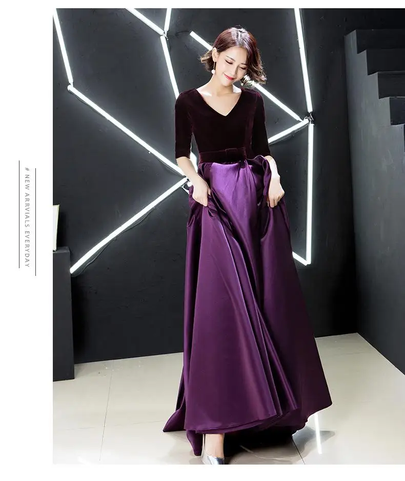 Evening Party Dress Women Qipao Noble Velour Pacthwork Half Sleeve Chorus Performance Dress Cheongsam V-neck Long Pleaeted Dress - Цвет: Фиолетовый