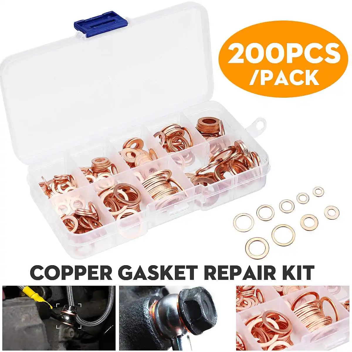 

200Pcs Assorted Solid Copper Washer Gasket Set Copper Gasket Flat Ring Seal Assortment Hardware Kit Fastener Hardware Accessory
