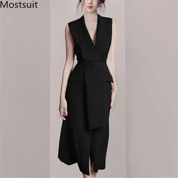 

2020 Spring Summer Office V-neck Sleeveless Blazer Dress Women High Quality Elegant Sexy Party Female Dresses Vestidos Mujer