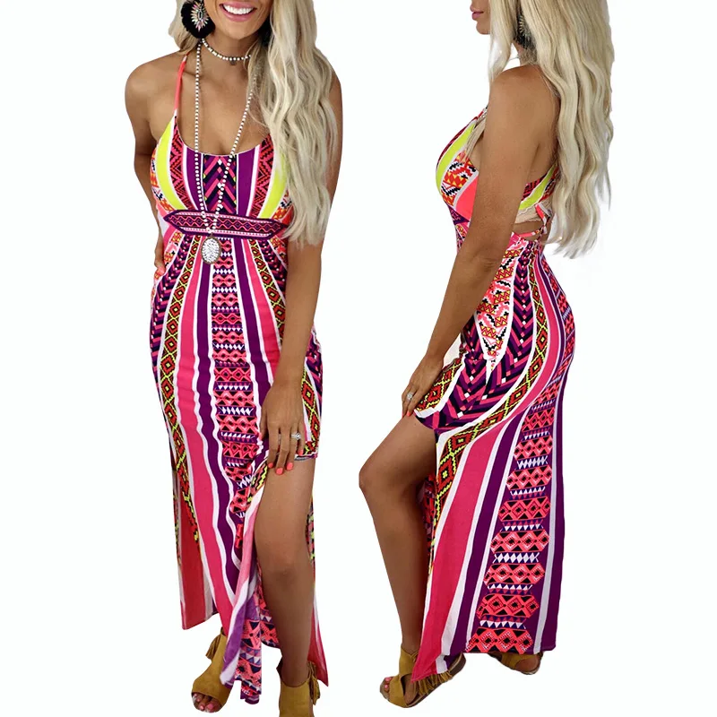 

2021 Summer New Product European and American Digital Printing Split Sexy Halter Strap Dress Female Fashion Casual