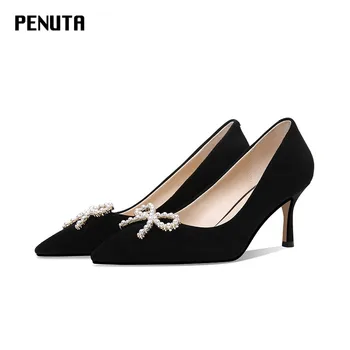 

2020 PENUTA High Heels Women Pumps Kid Suede High Heel Bowtie party Shoes Pointed Toe Black banquet Shoes top quality G0126