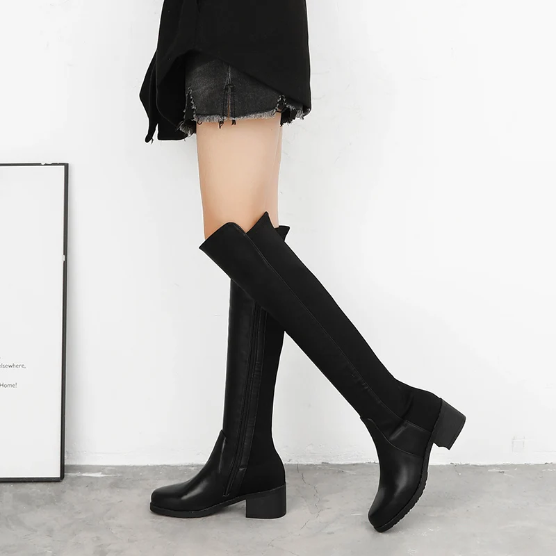 Cena Buty damskie Slim Sexy Over The buty do kolan moda zamszowe i PU zakolanówki buty damskie buty zimowe Bota 2019