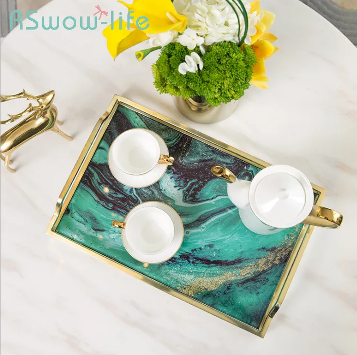 

38*26*6cm Light Luxury Gold Iron + Glass Mirror Agate Pattern Storage Trays Home Trays Decoration Service Tray Food Tray