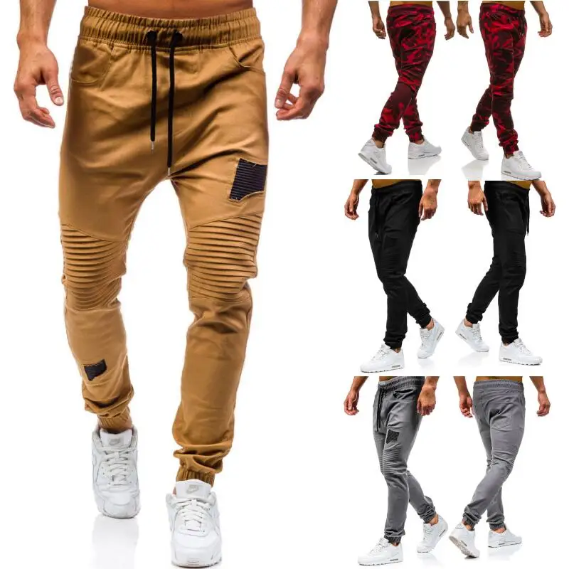 

Pants Men New Spliced Knee Pleated Tethered Men's Trousers for 2020 Men's Sport Pants with Loose Legs