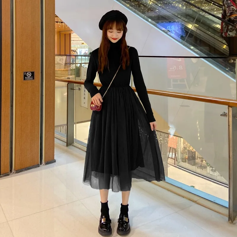 

Photo Shoot 2019 Korean-style Versatile Slim Fit Slimming High Collar Joint plus Velvet Base Skirt Immortal Mesh Dress Women's