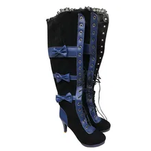 Высокие сапоги-трубы Для женщин Косплэй зимние ботинки на плоской подошве; в готическом стиле, горничная Лолита на бретелях с бантом ботинки с кружевом ботфорты, теплые замшевые сапоги