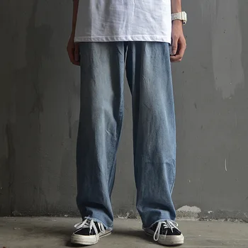 

Male Japan Streetstyle Hip Hop Jeans Pant Men Vintage Washed Casual Loose Straight Elastic Waist Denim Long Trousers