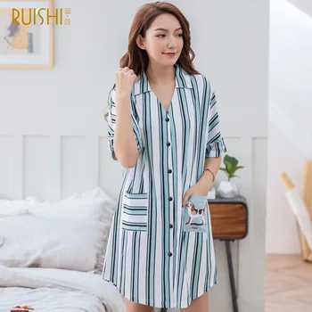 

Sleepshirts Plus Size Night Dress Women 100% Cotton Lingerie Sleepwear Striped Lapel Cardigan Short Summer Night Dressing Gown
