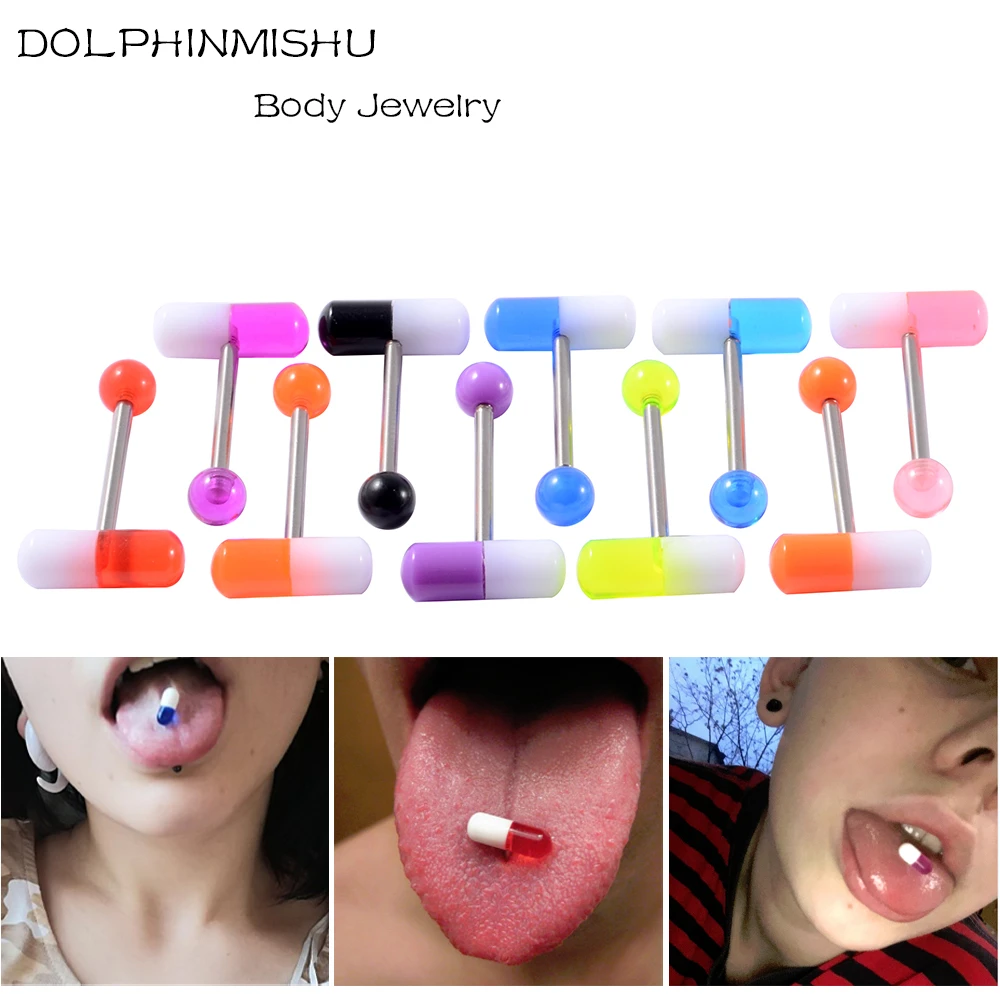 10pcs/lot Surgical Steel Acrylic Pill Top Colorful Capsule Tongue Ring Piercing Jewelry Women