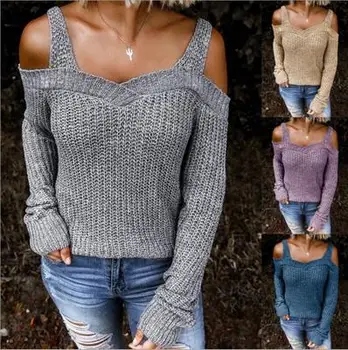 

Women Autumn Spring Pullovers and Sweaters Spaghetti Straps Off the Shoulder Solid Color Knitted Sweaters Long Sleeve Jumper Top
