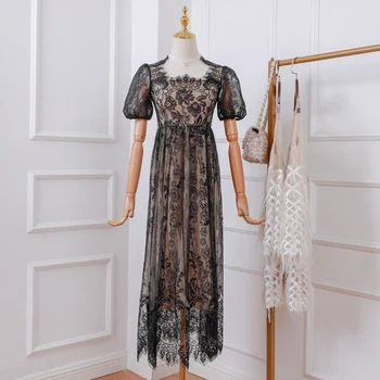 

YOUYING black lace puff sleeve dress woman 2020 New summer square collar elegant casual party maxi dress female floral vestido