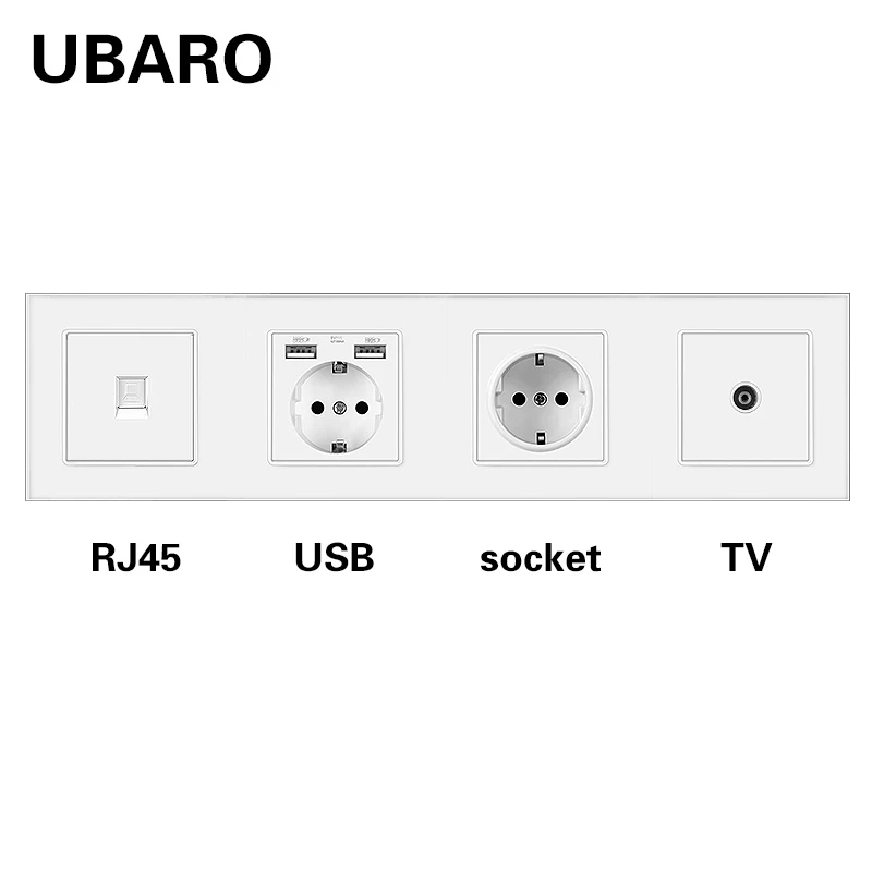 UBARO – prise murale Standard EU, cadre en verre trempé, RJ45 RJ11, bornes de Signal TV, prise USB 5V 2A, 250V 16A, 344x86mm