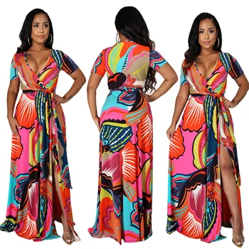 

Chic Floral Print Self Belt Waist Split Hem Deep V Neck Wrap Over Short Sleeve Maxi Dress