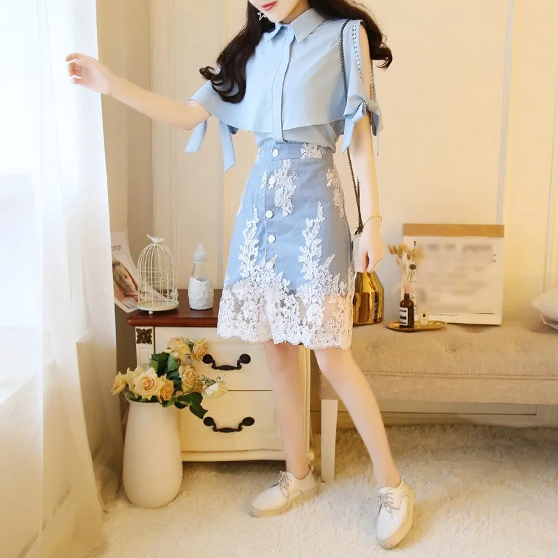 New Summer Women Embroidery Lace Skirt Set Sweet 2 Piece Half Sleeve Bowknot Shirts And Denim Midi Skirt Suit