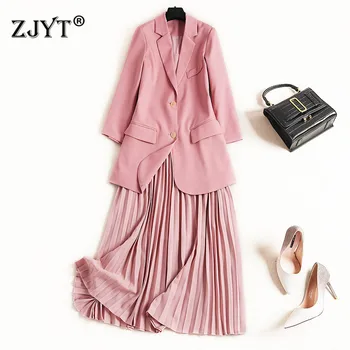 

2019 New Designer Runway Woman Autumn Dress Elegant Office Lady Notched Collar Sweet Pink Blazer and Midi Pleated Dress 2pcs Set