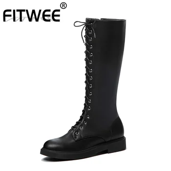 

FITWEE Size 32-44 Woman Long Boots Zipper Flat Heel Winter Women Knee High Boots Fashion Cool Winter Shoes Woman Daily Footwear