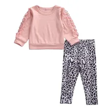 Комплекты для малышей; одежда для малышей; Одежда для девочек; кружевные топы с оборками; футболка; длинные штаны с леопардовым принтом; повседневная одежда