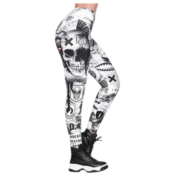 

Fashion Women Leggings Sport Fitness Skull Printed Whtie Elastic Work Out Clothes Women High Waist Leggings Skinny Pencil Pants