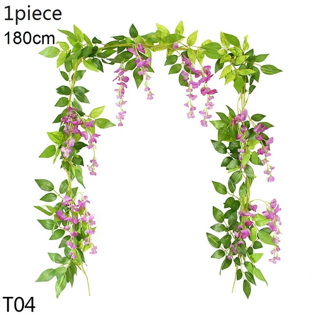 Artificial Flowers Vine Garland Wisteria Silk Artificial Rattan Hanging Flowers Romantic Wedding Arch Decoration Fake Ivy Plants T04-dark pink-1pcs