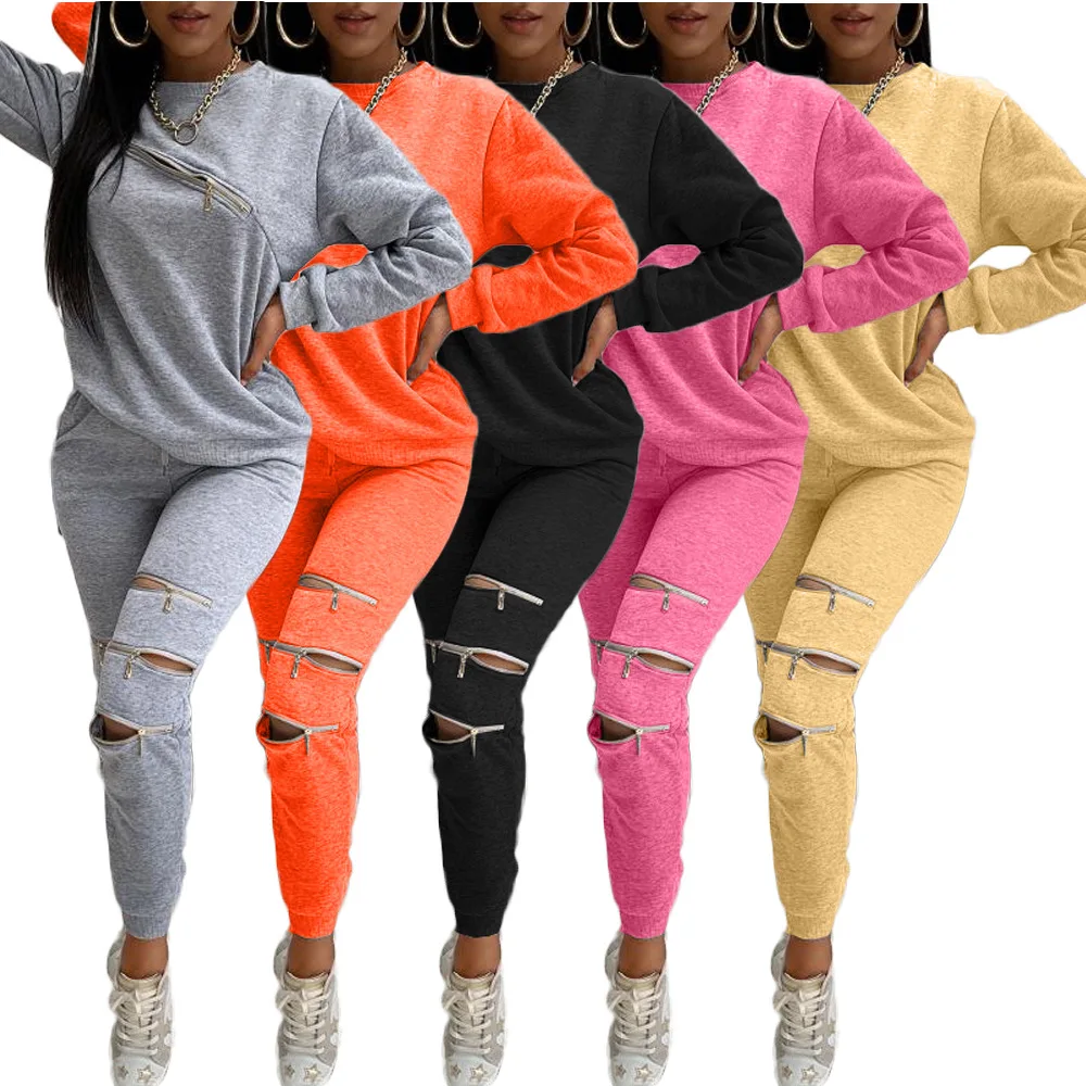 

European and American fashion women's clothing, autumn and winter new leisure zipper solid color sweater suit two-piece suit