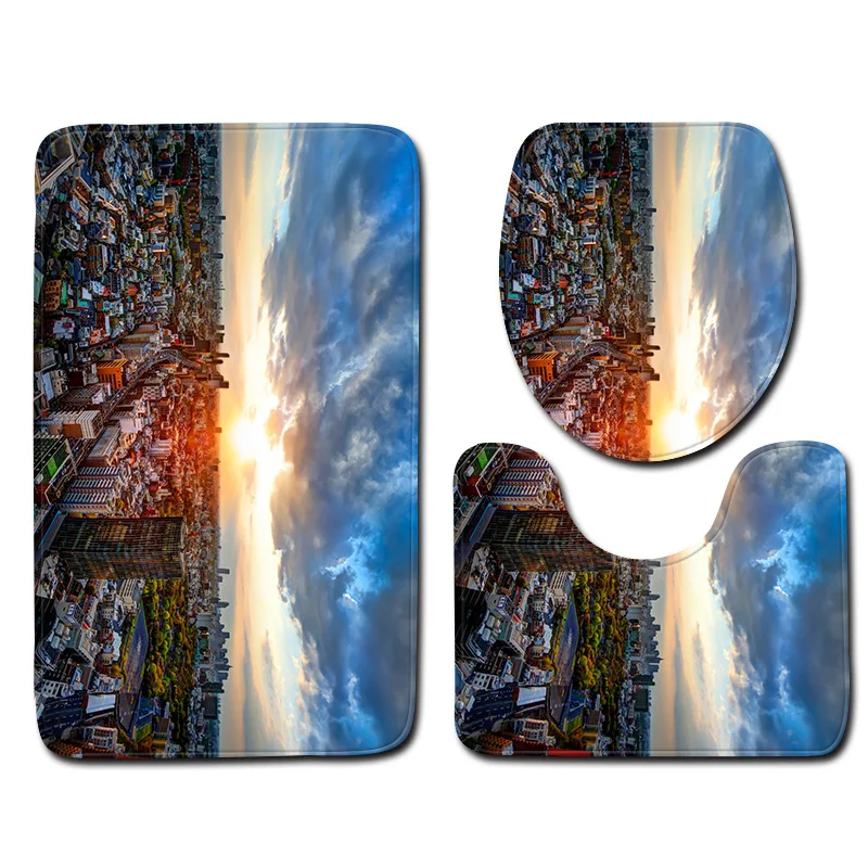 Zeegle City Printed 3pcs/set Bathroom Mat Set Anti-slip Toilet Floor Rugs Flannel Toilet Bath Mat Set Bathroom Carpets And Rugs - Цвет: C015
