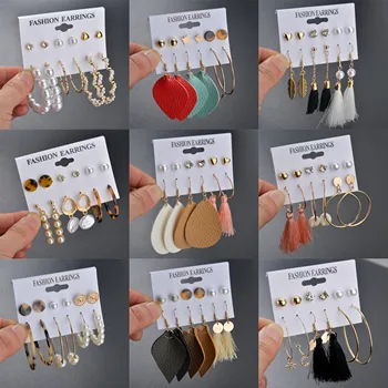 

WUKALO Vintage Long Tassel Leopard Acrylic Pearl Drop Earrings Set Women Bohemian Eye Star Circle Dangle Earring Fashion Jewelry